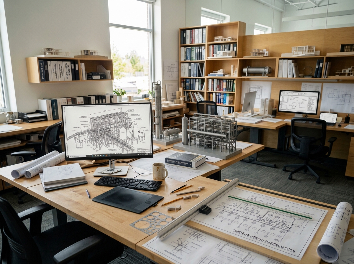 CAD drafting workstation with industrial design drawings and plans